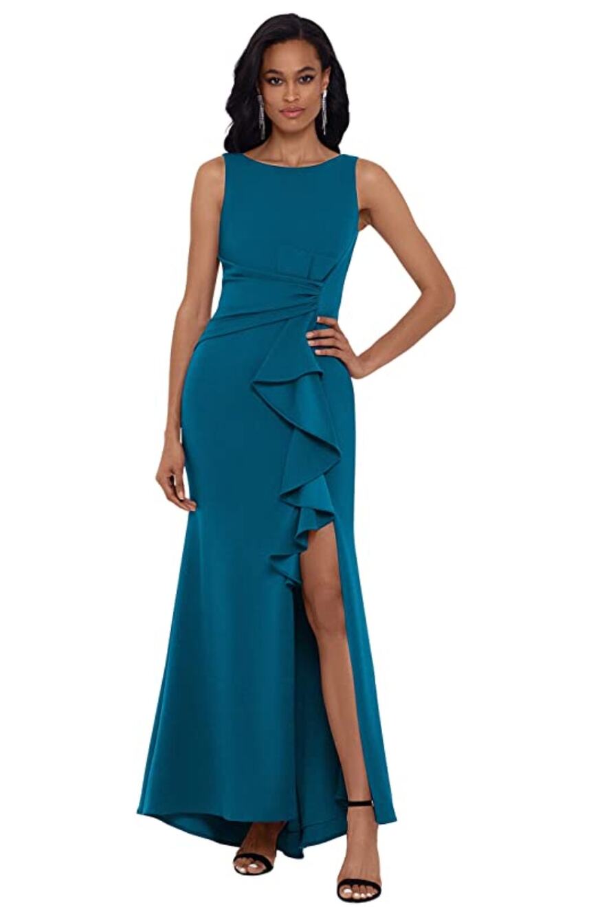 BETSY & ADAM Women's Christine Scuba Crepe Gown Size 4 Azure Blue Ruffle Bow NWT